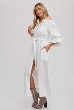 BUBBLE SLEEVE BELTED SHIRTS MIDI DRESS