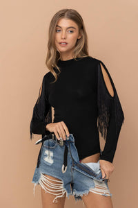 Mock Neck Shoulder Fringe Bodysuit