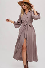 BUBBLE SLEEVE BELTED SHIRTS MIDI DRESS