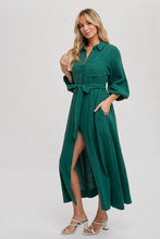 BUBBLE SLEEVE BELTED SHIRTS MIDI DRESS