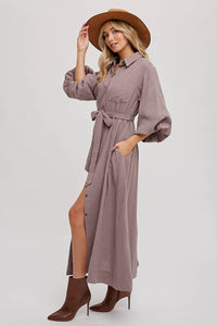 BUBBLE SLEEVE BELTED SHIRTS MIDI DRESS