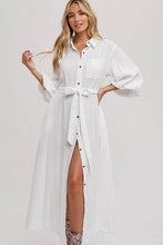 BUBBLE SLEEVE BELTED SHIRTS MIDI DRESS