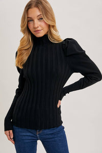 MOCK NECK PUFF SLEEVED KNIT TOP