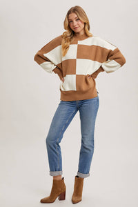 COLOR BLOCK DOLMAN SLEEVED KNIT SWEATER