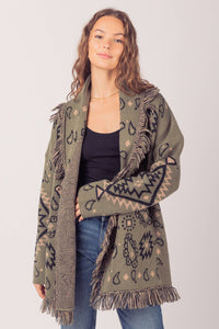 Aztec Shawl Cardigan-Olive