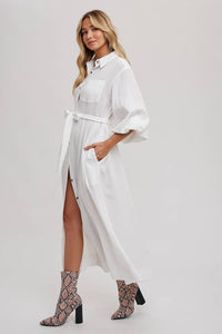 BUBBLE SLEEVE BELTED SHIRTS MIDI DRESS