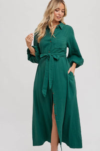 BUBBLE SLEEVE BELTED SHIRTS MIDI DRESS