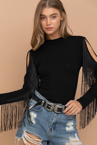 Mock Neck Shoulder Fringe Bodysuit