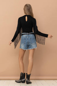 Mock Neck Shoulder Fringe Bodysuit