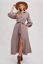 BUBBLE SLEEVE BELTED SHIRTS MIDI DRESS