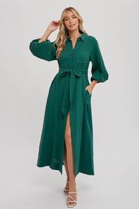 BUBBLE SLEEVE BELTED SHIRTS MIDI DRESS