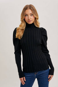 MOCK NECK PUFF SLEEVED KNIT TOP