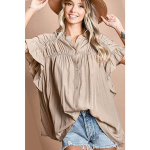 LOOSE FIT SLIKY WOVEN SHIRRIED SHIRT