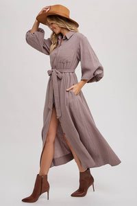 BUBBLE SLEEVE BELTED SHIRTS MIDI DRESS