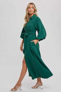 BUBBLE SLEEVE BELTED SHIRTS MIDI DRESS