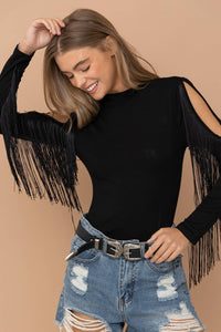 Mock Neck Shoulder Fringe Bodysuit