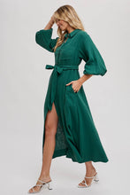 BUBBLE SLEEVE BELTED SHIRTS MIDI DRESS