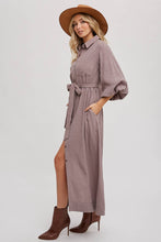 BUBBLE SLEEVE BELTED SHIRTS MIDI DRESS