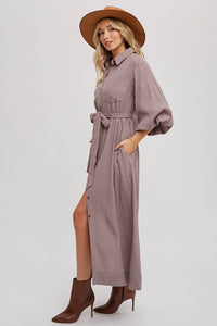 BUBBLE SLEEVE BELTED SHIRTS MIDI DRESS