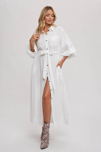 BUBBLE SLEEVE BELTED SHIRTS MIDI DRESS