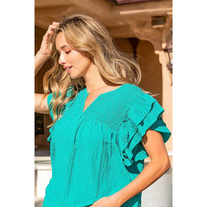 SHIRRED BODICE LAYERED RUFFLE SLEEVE TOP