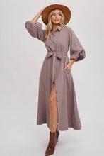 BUBBLE SLEEVE BELTED SHIRTS MIDI DRESS