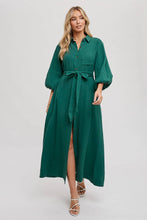 BUBBLE SLEEVE BELTED SHIRTS MIDI DRESS