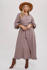 BUBBLE SLEEVE BELTED SHIRTS MIDI DRESS